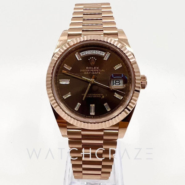 2022 ROLEX DAYDATE 40MM EVEROSE CHOCOLATE BAGUETTE DIAMOND MARKERS 228235 - WatchCraze.com.au