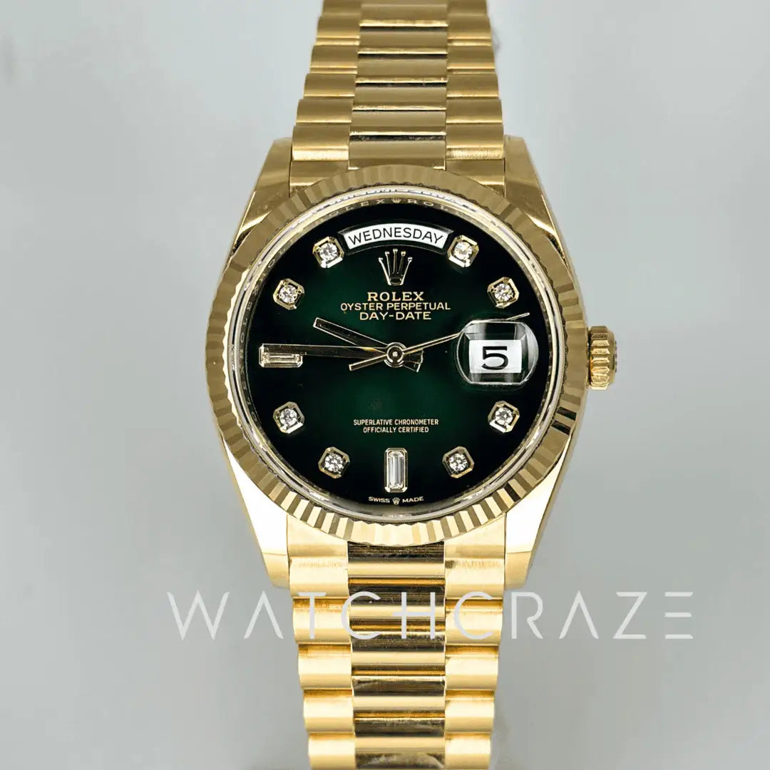 2022 ROLEX DAY-DATE 36 YELLOW GOLD 36MM GREEN OMBRÉ DIAL 128238
