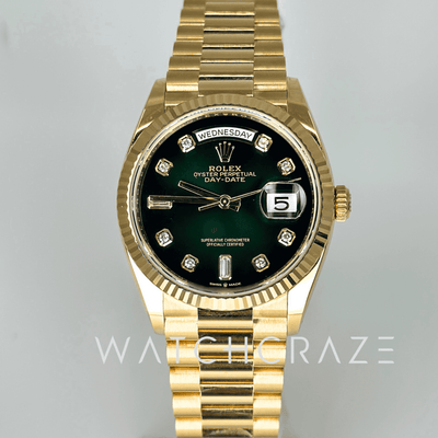 2022 ROLEX DAY-DATE 36 YELLOW GOLD 36MM GREEN OMBRÉ DIAL 128238
