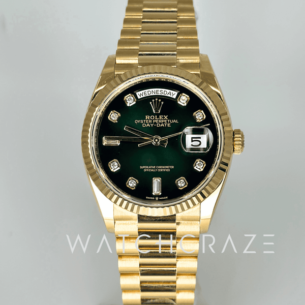 2022 ROLEX DAY-DATE 36 YELLOW GOLD 36MM GREEN OMBRÉ DIAL 128238
