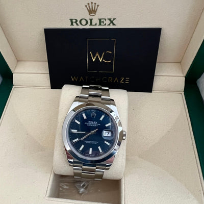 ROLEX DATEJUST 41MM BLUE DIAL SMOOTH BEZEL 126300 2020 - WatchCraze.com.au