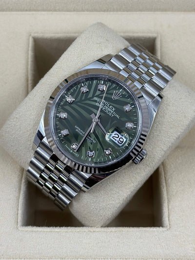 2023 ROLEX DATEJUST OLIVE GREEN PALM MOTIF DIAL DIAMOND MARKERS 36MM 126234 - WatchCraze.com.au