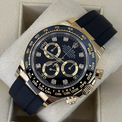 2023 ROLEX DAYTONA OYSTERFLEX YELLOW GOLD BLACK DIAL DIAMOND MARKERS 40MM 116518LN