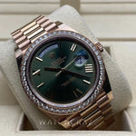 2021 ROLEX DAY DATE 40MM ROSE GOLD OLIVE DIAL FACTORY DIAMOND BEZEL 228235RBR  2021 FULL SET - WatchCraze.com.au