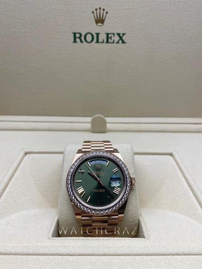 2021 ROLEX DAY DATE 40MM ROSE GOLD OLIVE DIAL FACTORY DIAMOND BEZEL 228235RBR  2021 FULL SET - WatchCraze.com.au
