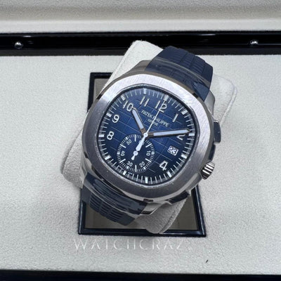2022 PATEK PHILIPPE AQUANAUT 5968G FLYBACK CHRONOGRAPH NIGHT BLUE EMBOSSED DIAL WHITE GOLD 42.2MM - WatchCraze.com.au