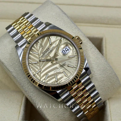 2021 ROLEX DATEJUST PALM DIAL 36MM TWO TONED YELLOW GOLD & OYSTERSTEEL 126233 - WatchCraze.com.au