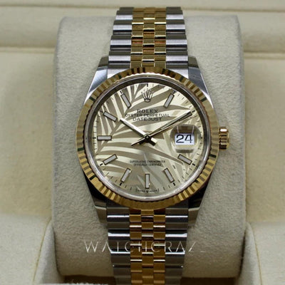 2021 ROLEX DATEJUST PALM DIAL 36MM TWO TONED YELLOW GOLD & OYSTERSTEEL 126233 - WatchCraze.com.au