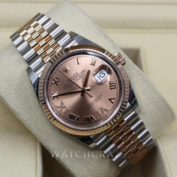 2022 ROLEX DATEJUST 36MM EVEROSE & OYSTERSTEEL ROSE ROMAN NUMERAL DIAMOND DIAL 126231 - WatchCraze.com.au