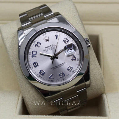ROLEX DATEJUST 41MM OYSTERSTEEL SILVER DIAL BLUE ARABIC MARKERS 116300 RX8 STICKERS - WatchCraze.com.au