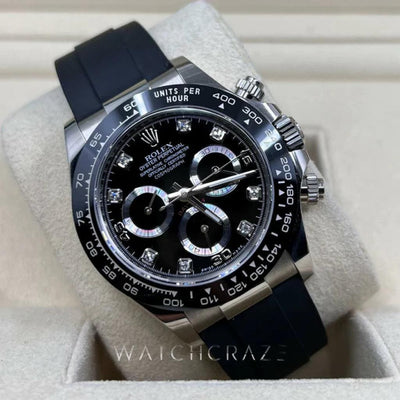 2021 ROLEX DAYTONA WHITE GOLD OYSTERFLEX BLACK DIAL DIMOND MARKERS 116519LN - WatchCraze.com.au