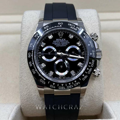 2021 ROLEX DAYTONA WHITE GOLD OYSTERFLEX BLACK DIAL DIMOND MARKERS 116519LN - WatchCraze.com.au