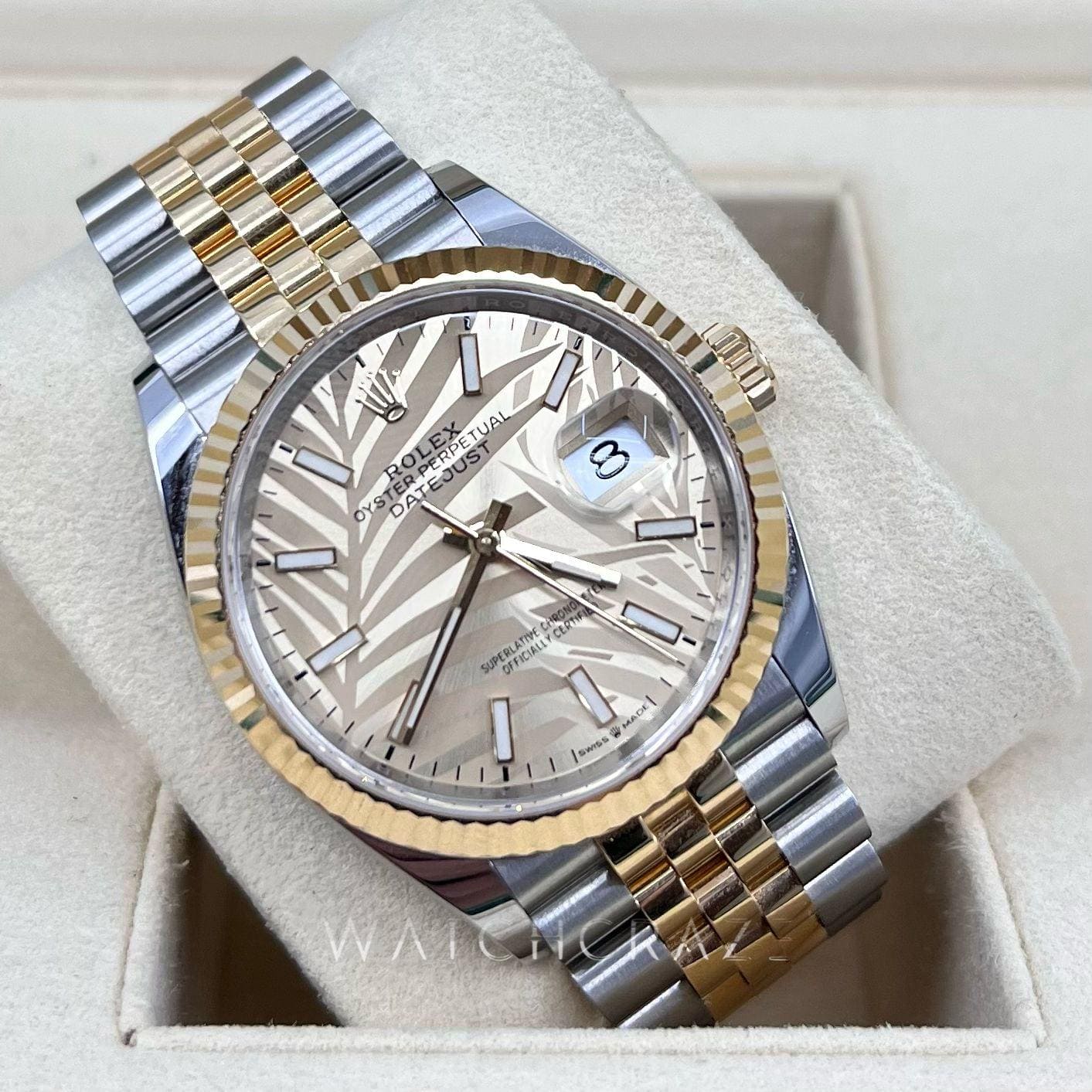 2021 ROLEX DATEJUST 36MM PALM MOTIF DIAL 126233 STICKERED CLASP